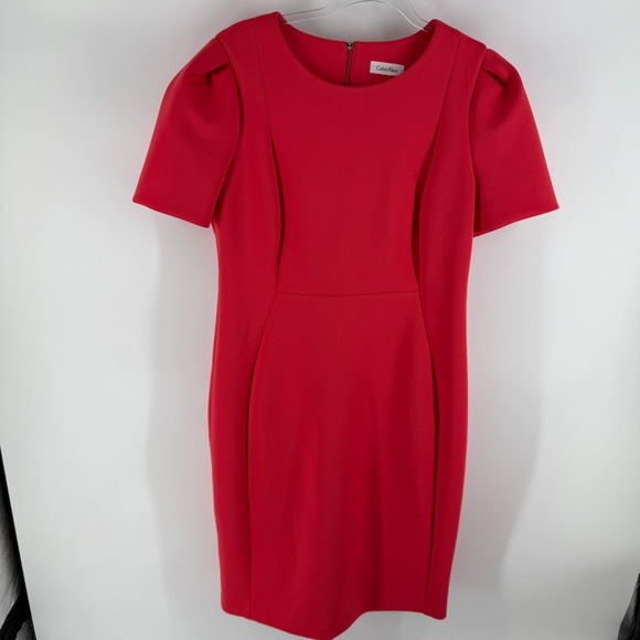 Calvin Klein Dresses & Skirts - Calvin Klein Sheath Dress Womens Red Round Neck Puff Sleeve Crepe Stretch Career